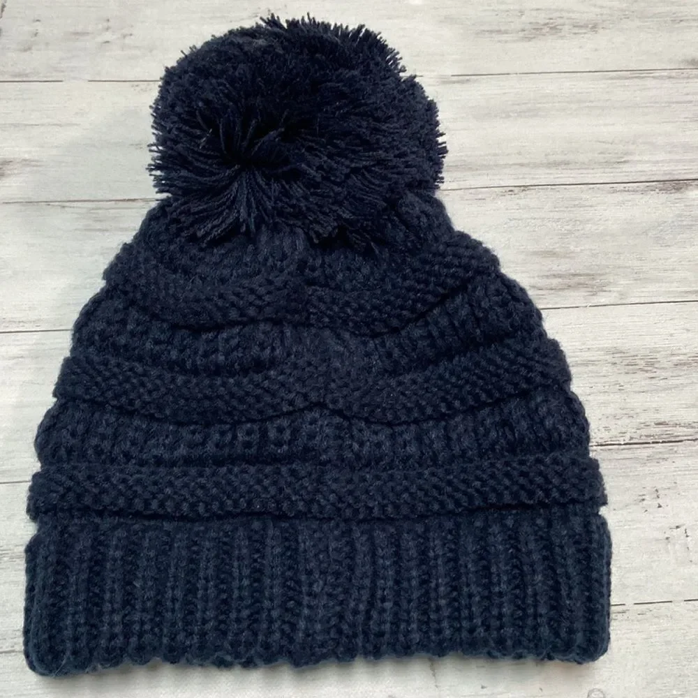 New Navy Monogrammed Haley Pom Pom Knit Hat from C.C Kids